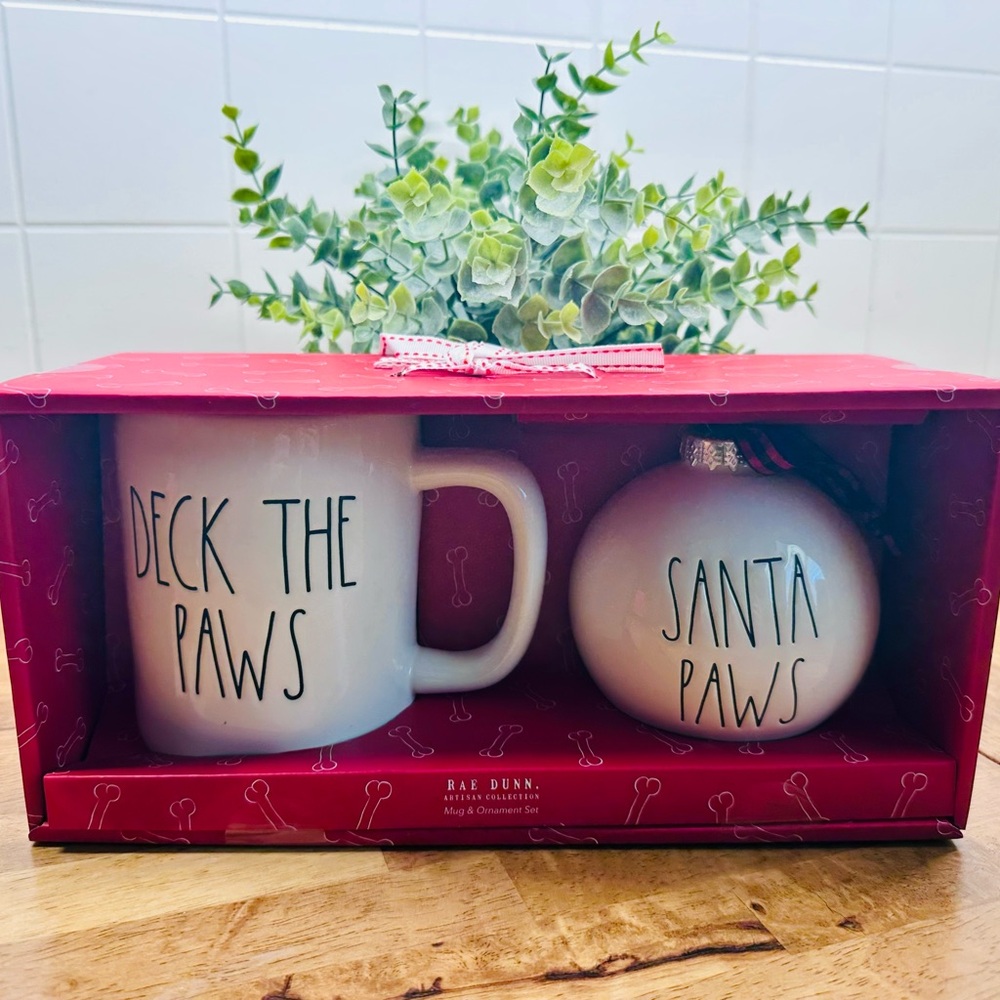 Rae Dunn White "Deck The Paws" Mug & "Santa Paws" Ornament Set - White